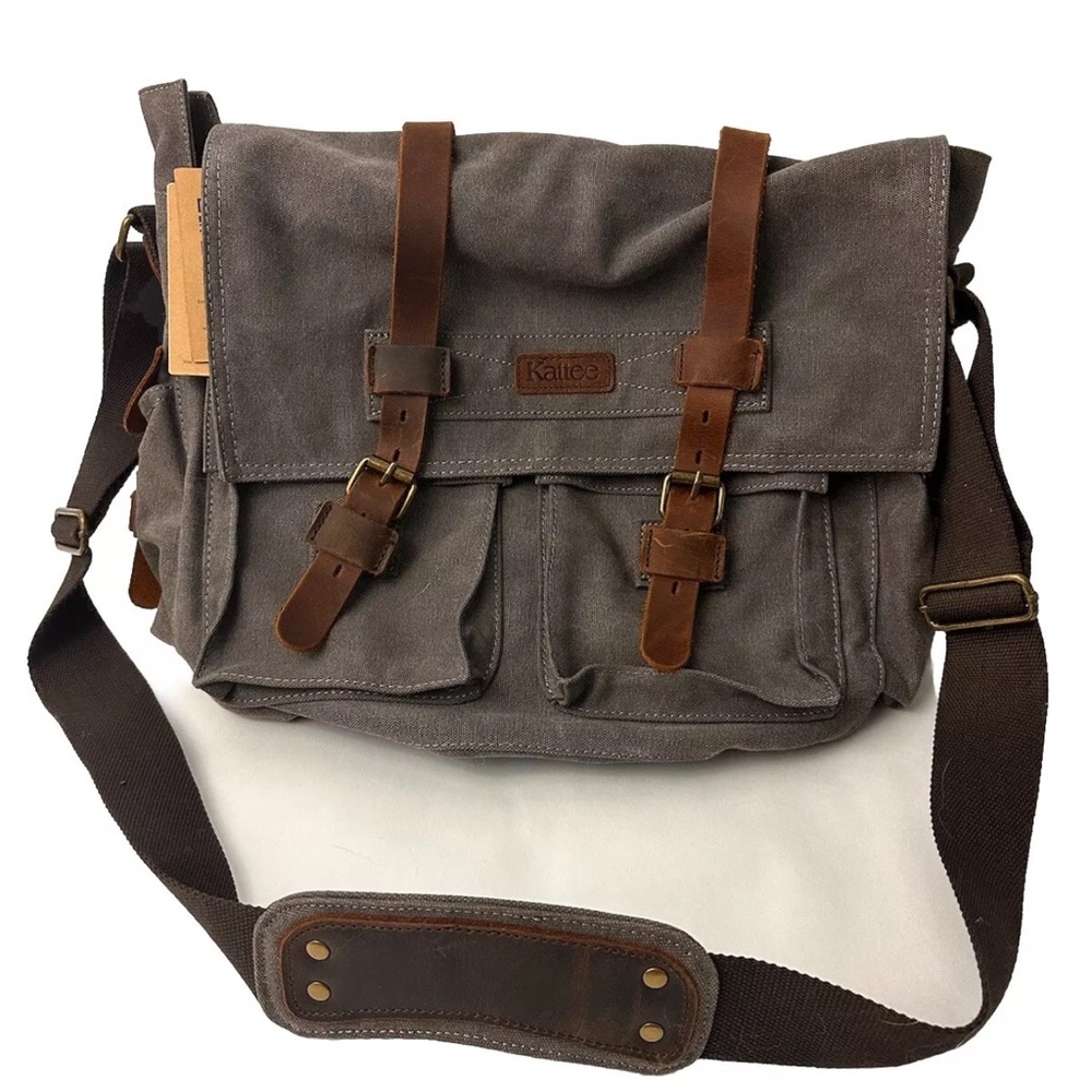 Kattee Brown Leather Messenger Shoulder Bag Green Canvas with Leather Strap